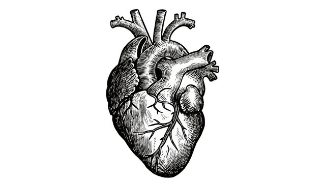 Detailed anatomical human heart drawing, isolated on transparent background
