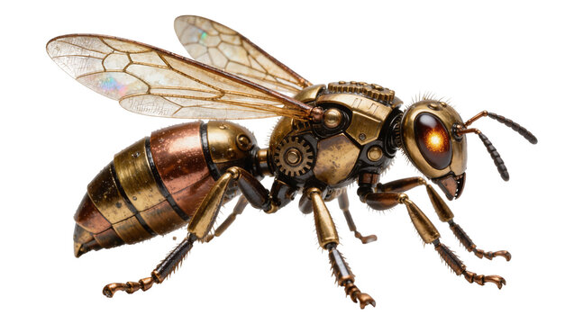 Steampunk mechanical bee with brass and copper body intricate gears and glowing eyes, isolated on transparent background