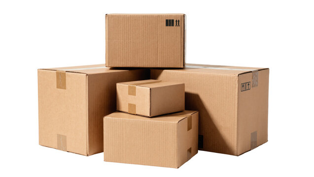 Stack of various sized cardboard boxes with shipping labels, isolated on transparent background