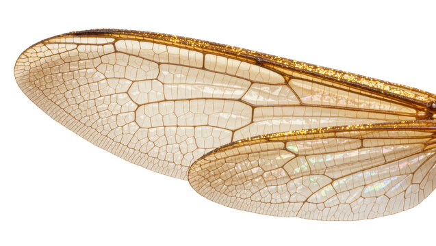 Detailed dragonfly wing with intricate veins and golden edges, isolated on transparent background