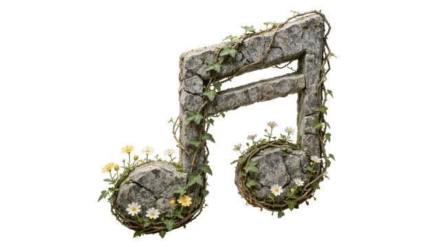 Stone musical eighth note symbol entwined with ivy and small flowers, isolated on transparent background
