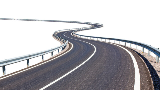Curving asphalt highway with metal guardrail, isolated on transparent background