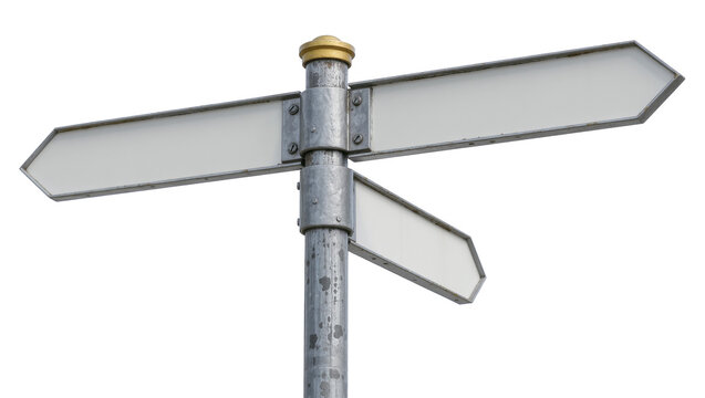Metal signpost with three blank directional arrows, isolated on transparent background