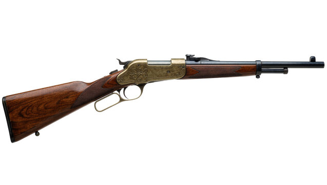 Antique lever action rifle with ornate brass receiver, isolated on transparent background