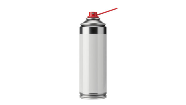 Silver aerosol can with red nozzle and blank white label, isolated on transparent background