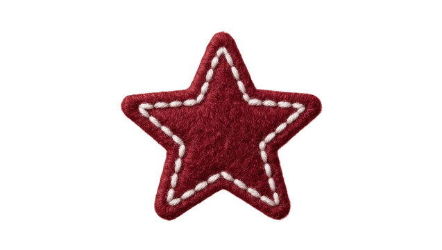 Deep red felt star shape with white stitching, isolated on transparent background