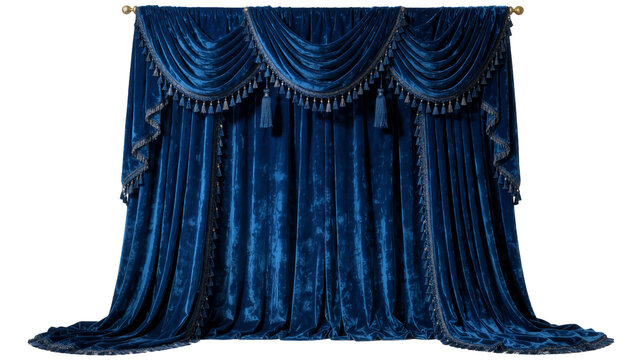 Luxurious deep blue velvet curtains with ornate tassels, isolated on transparent background