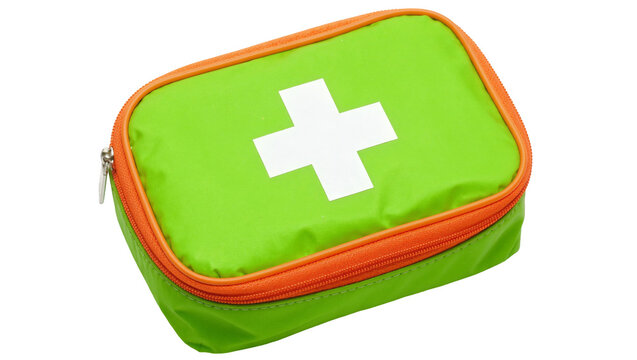 Bright green first aid kit with white cross symbol, isolated on transparent background