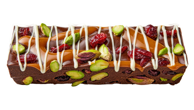 Dark chocolate bar with caramel pistachios and cranberries, isolated on transparent background