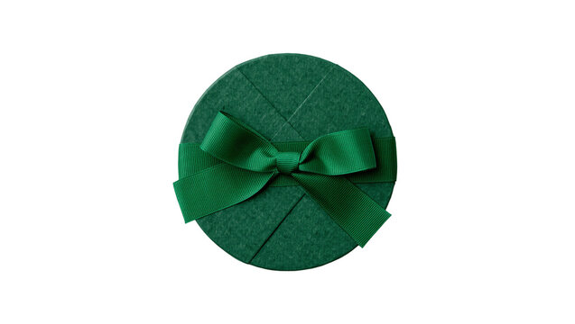 Dark green round gift box with satin ribbon bow, isolated on transparent background