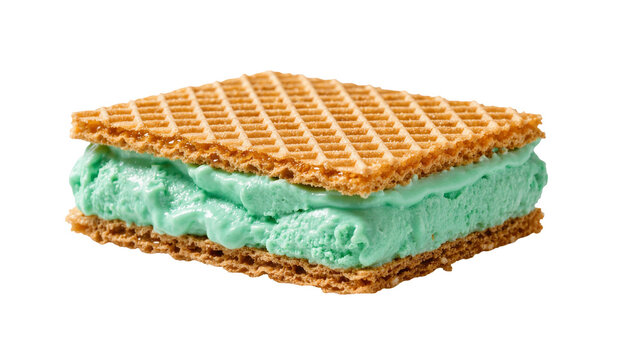 Square waffle ice cream sandwich with mint flavor, isolated on transparent background