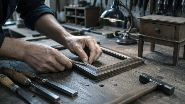 Craftsman fitting a wooden picture frame by hand at a traditional workshop bench, showing woodworking, restoration, precision, tools, and skilled craftsmanship