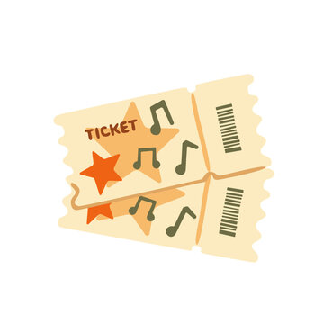 Vintage concert tickets with musical notes, stars and barcode. Hand drawn retro pass coupon isolated on white, suitable for music events, concerts, festivals designs. Flat vector illustration.