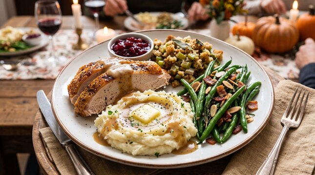 Roasted turkey breast dinner with mashed potatoes green beans cranberry sauce and stuffing on a plate served at a festive holiday table