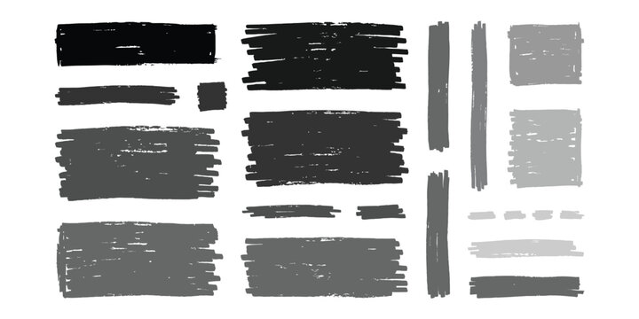 Black and grey marker stroke collection set of hand drawn highlight rectangles and grunge banners isolated on white background