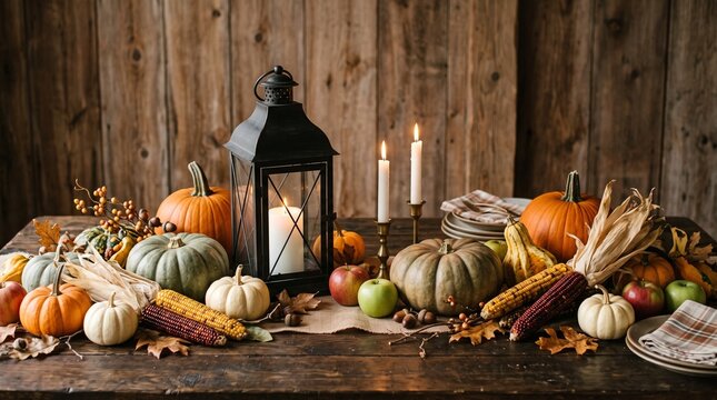 Rustic autumn table setting with pumpkins, corn, and a black lantern with burning candles in front of a wooden wall for thanksgiving and harvest holiday celebration background