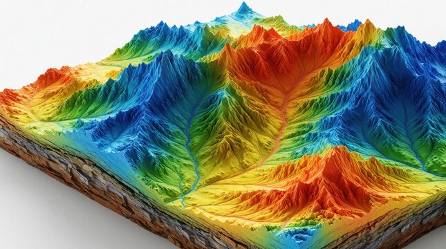 Colorful 3D terrain model showing mountains, valleys with blue rivers. Digital landscape displays elevation data with heatmap gradient. Features include geological layers, contours, geographic