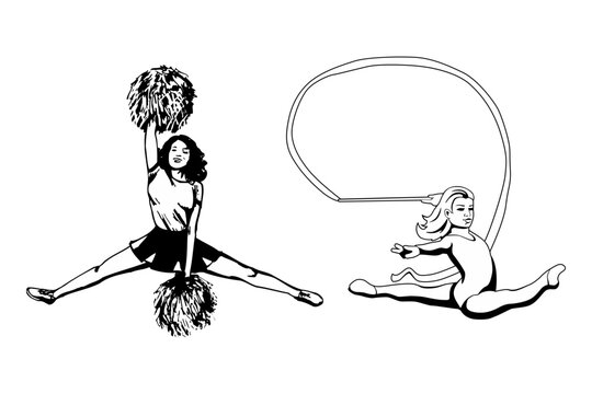 Black and white cheerleading silhouettes showing energetic performers with pom poms and dramatic acrobatic movement poses.