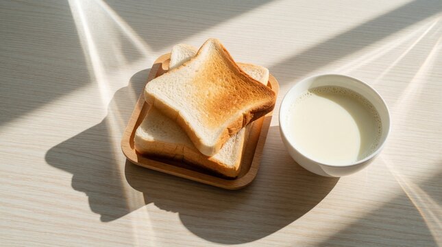 Toasted bread slices arranged on wooden plate beside milk in bowl. Sunlight streams across table creating striped shadows. Simple breakfast meal on wooden surface.