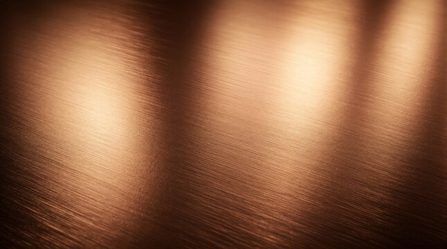 Warm bronze brushed metal surface with soft gradient light. Elegant copper texture shows fine industrial lines, metallic sheen. Luxury material background for interior design modern tech backdrop.