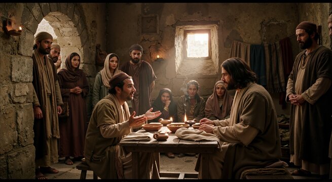 Jesus sharing a meal inside Zacchaeus home while guests watch the transformed tax collector