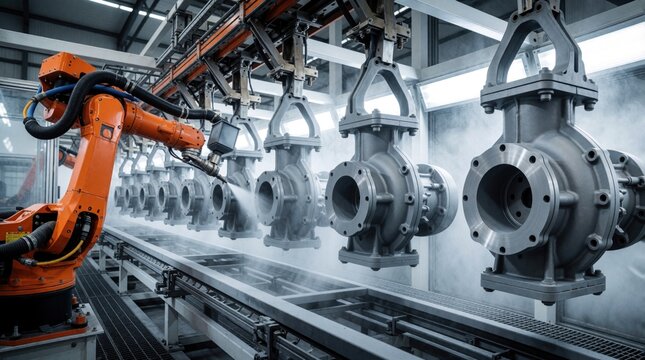 Robotic arm sprays powdercoat on pump casings moving on conveyor belt. Automated line ensures quality finish for industrial parts. Modern factory production.