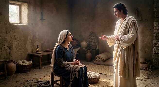Angel Gabriel speaking to Mary seated on a chair inside a rustic ancient home. Annunciation theme