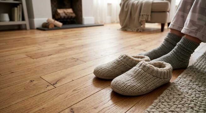 Warm slippers on a wooden floor. Cozy home ideas theme
