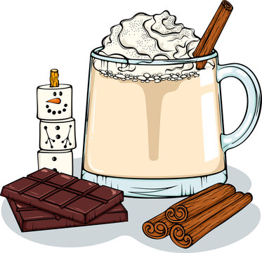 Festive eggnog or latte with whipped cream, cinnamon stick, chocolate bar, and marshmallow snowman. Cozy holiday drink still life. Simple vector color illustration with outline in hand drawn style
