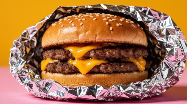 Cheesy double patty burger wrapped in foil sits on pink and yellow background. Fast food meal ready for take out. Juicy beef patties melt with cheddar cheese.