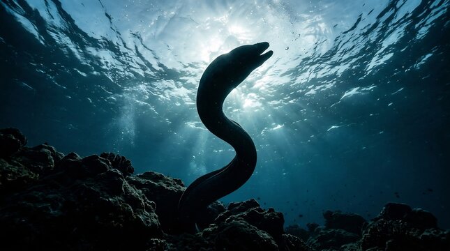 Dramatic silhouette of a moray eel curving upwards toward