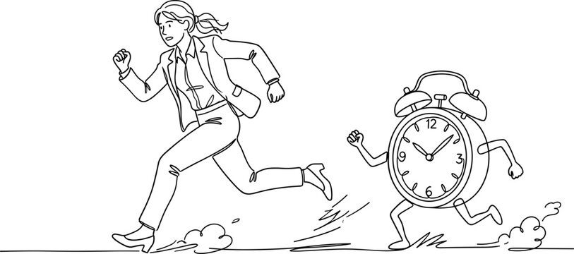 A businesswoman running rapidly with an alarm clock chasing her in this conceptual illustration.