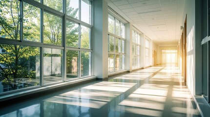 Obraz premium Bright modern school corridor with large glass windows. Sunlight streams through hallway creating warm atmosphere. Empty clean building interior with polished floor, green trees outside. Minimalist