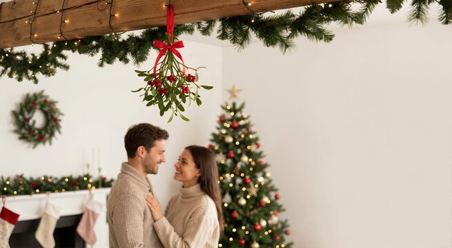 Happy couple standing under mistletoe hanging from ceiling. Christmas holiday celebration concept