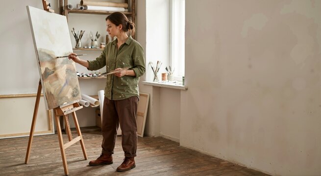 Woman painting on canvas in art studio. Creative hobby and inspiration concept