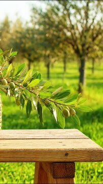 Olive branch hanging over rustic wooden table in sunny orchard garden