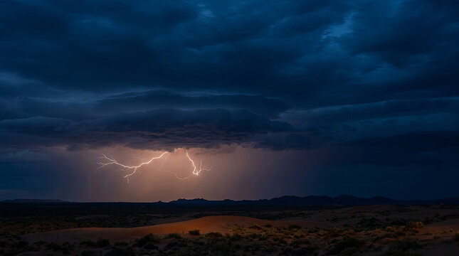 Desert lightning storm with rain shaft over sand dunes