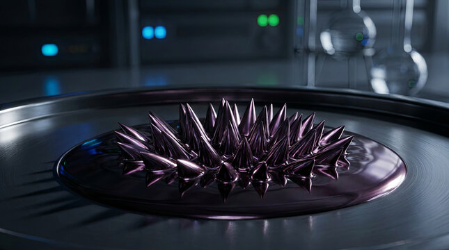 Purple ferrofluid spiked shape on reflective dark platform