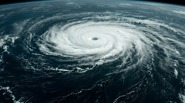 Hurricane seen from space with clear eye over ocean