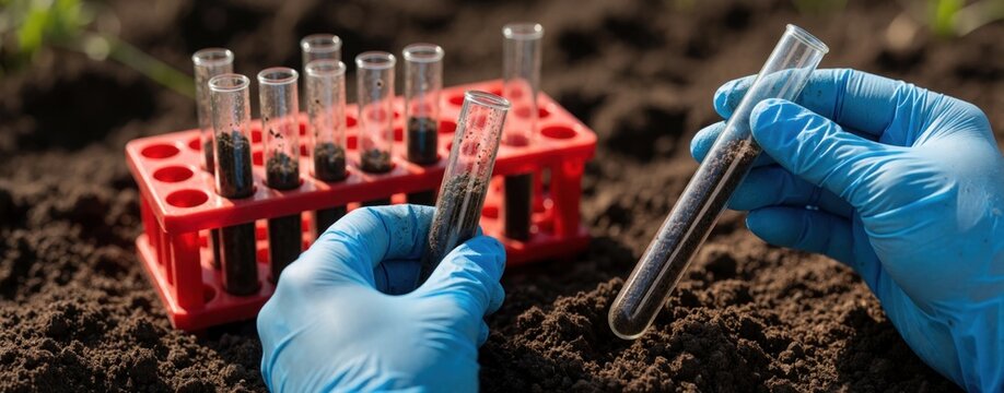 Scientist in blue gloves holds glass test tube filled with dark soil. Many samples in red rack sit on ground for lab testing. Expert conducts agronomist research, checking earth quality, nutrients