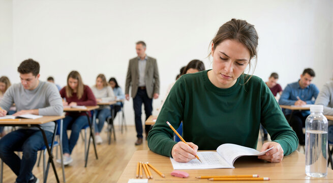 Young female student taking standardized test in classroom. College admissions exam theme