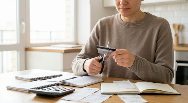 Woman cutting up a credit card with scissors to stop spending. Debt reduction and financial planning concept