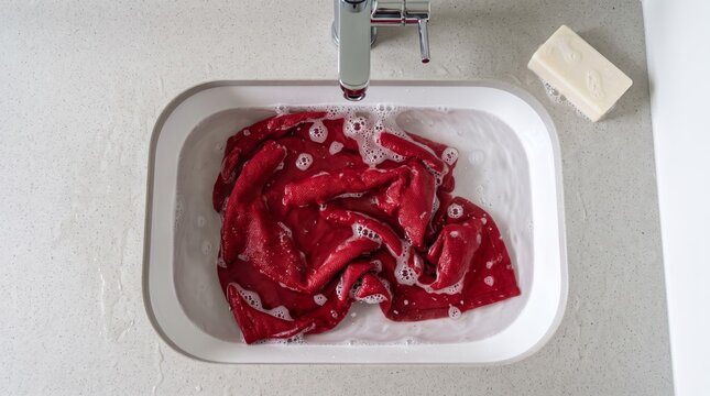 Washing a red cloth in soapy water.