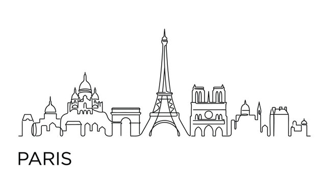 Minimalist continuous line drawing depicting the iconic Paris city skyline with famous architectural landmark silhouettes