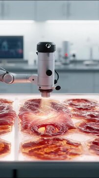 Robotic arm scanning synthetic meat samples in modern laboratory for future food technology industry