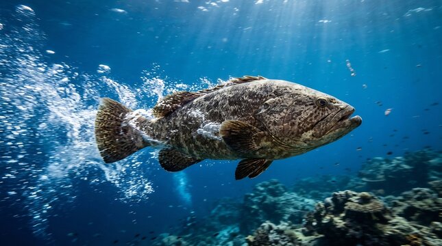 Large Spotted Grouper Fish Swimming in Deep Blue Ocean Water
