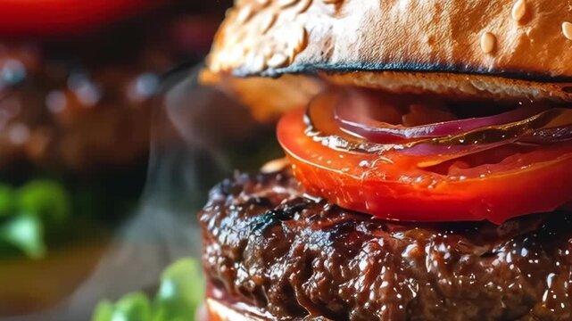 Juicy Grilled Beef Burger with Tomato and Red Onion