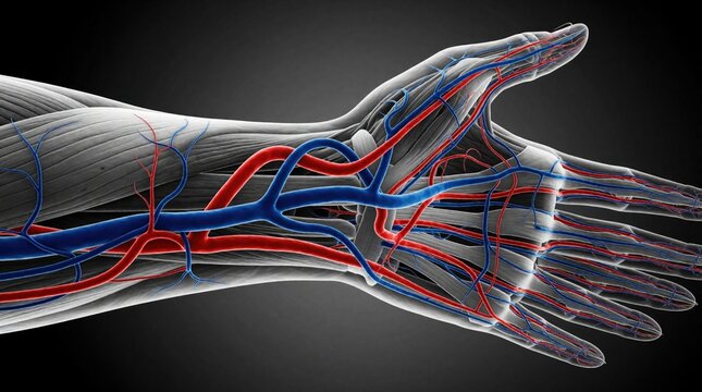 Detailed human arm anatomy showing circulatory system. Arteries and veins crisscross muscles and bones, illustrating blood flow. Medical science visual for health care.