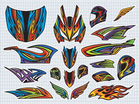 Collection of vibrant, abstract, and geometric graphic decals with sharp lines and flame patterns, designed for vehicle customization.