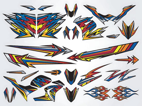 Collection of vibrant, abstract, and geometric graphic decals with sharp lines and flame patterns, designed for vehicle customization.